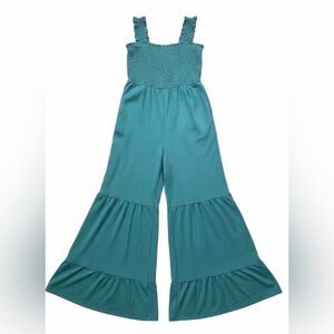 Teal Smocked Jumpsuit Women’s Small Wide Leg Ruffle Hem Boho Romper